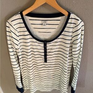L.L.Bean Striped Long Sleeve Henley Shirt Medium Navy Cream Waffle Knit
